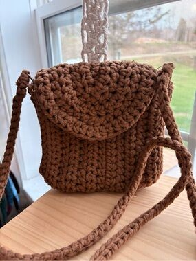 Handmade Crocheted Brown Crossbody Bag with Flap